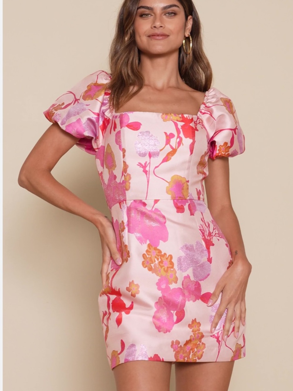 Lulu's Pink Floral Puff-Sleeve Mini Dress